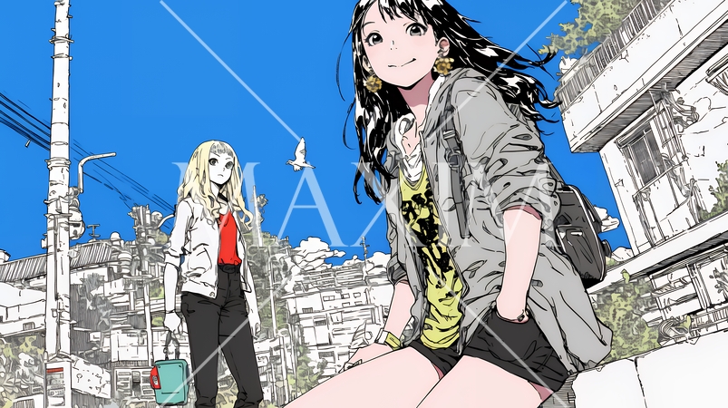 親しい女友達が決めポーズで写真撮影。