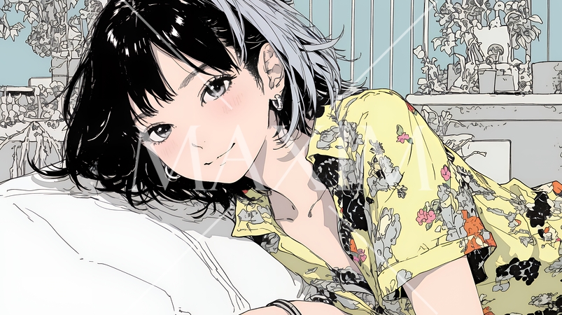 ベッドでくつろいでいる若い女性