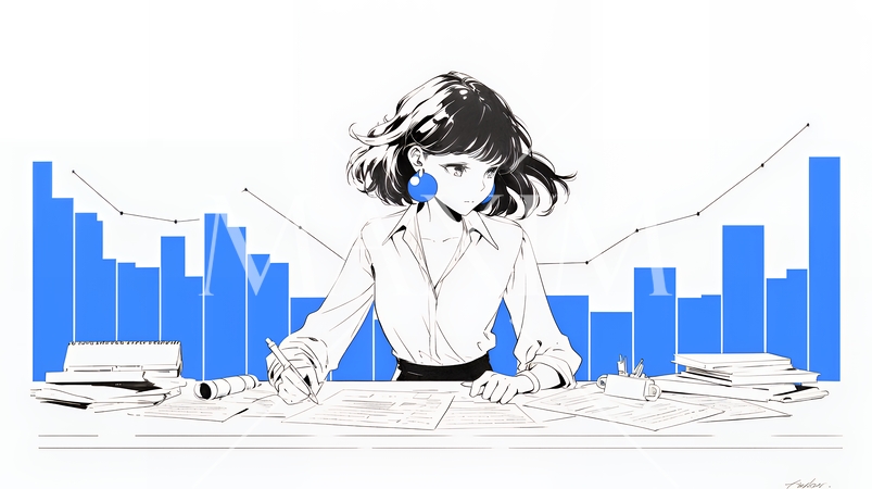 マーケティング・トレーディングデータなどの計量分析を行っている女性（シンプルな色使い）