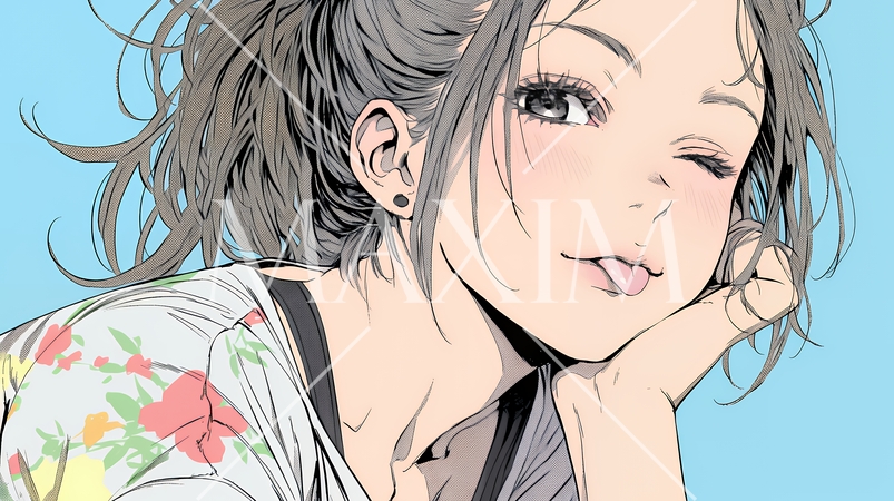 舌をちょっと出して（てへぺろ風）おどけている若い女性