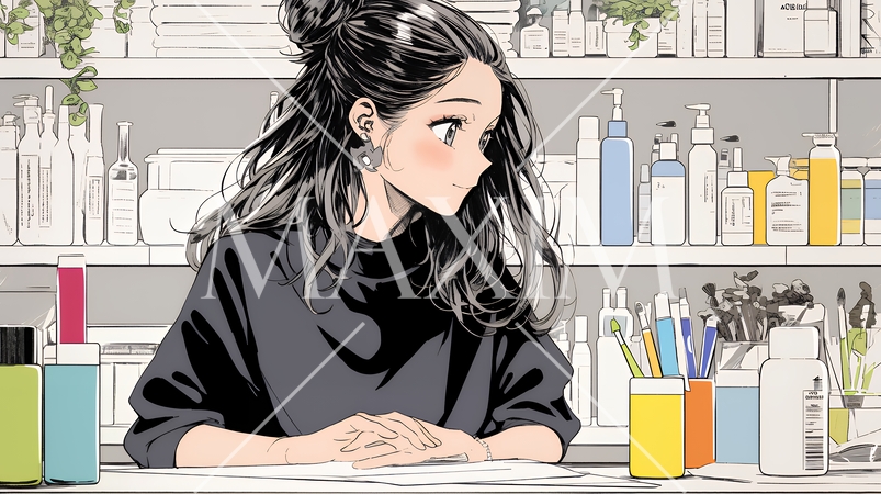 ドラッグストアでコスメを選ぶ若い女性