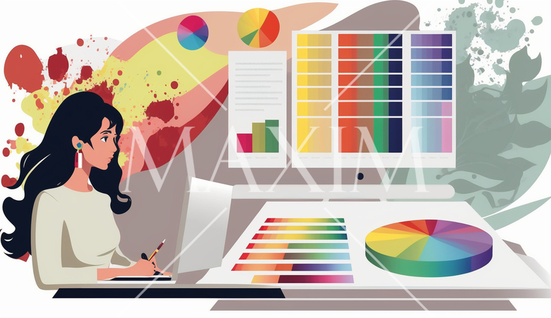 資料作成している女性：レポート、プレゼンテーション資料の作成。