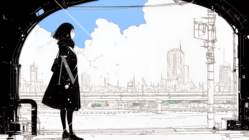 若い女性が佇む都市の街角（シンプルな色使い）