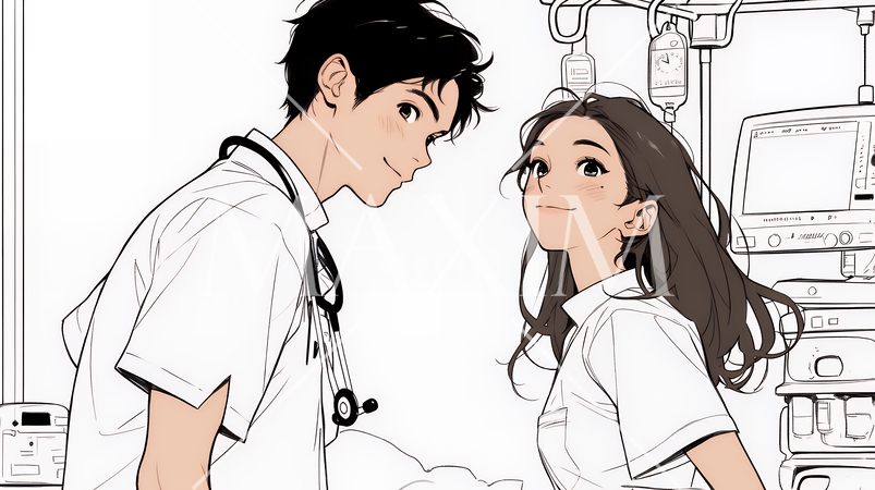 メディカルスタッフ：看護師が打ち合わせ（シンプルな色使い）