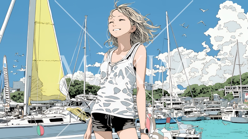 沖縄のヨットハーバーに立つ若い女性