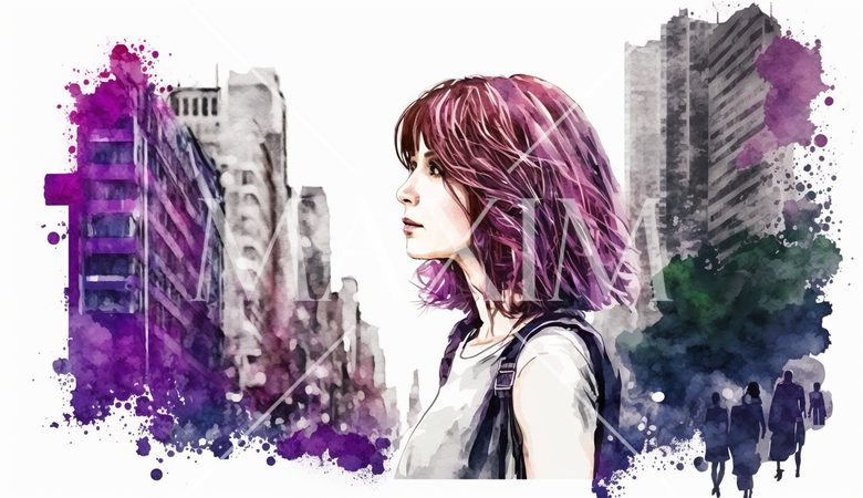 自分探しの旅に出ている若い女性：水彩画