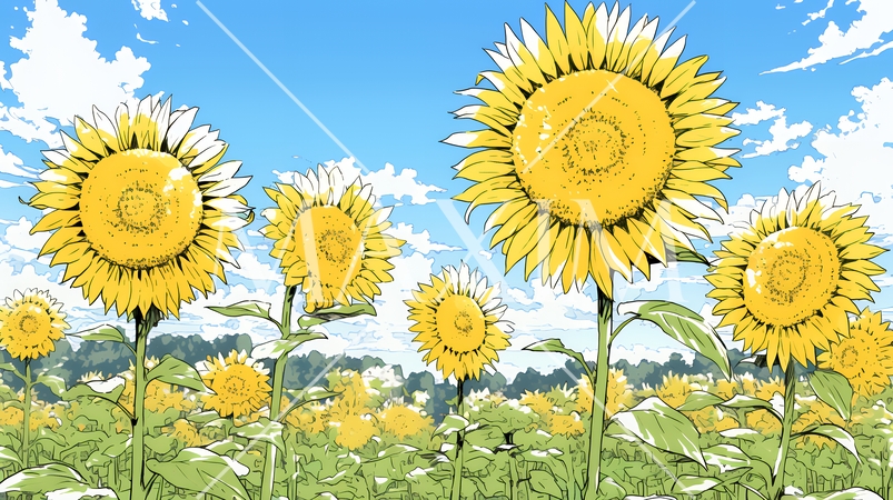 満開のひまわりと真夏の青空