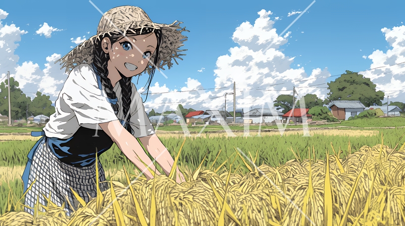 田んぼで農作業をしている女性