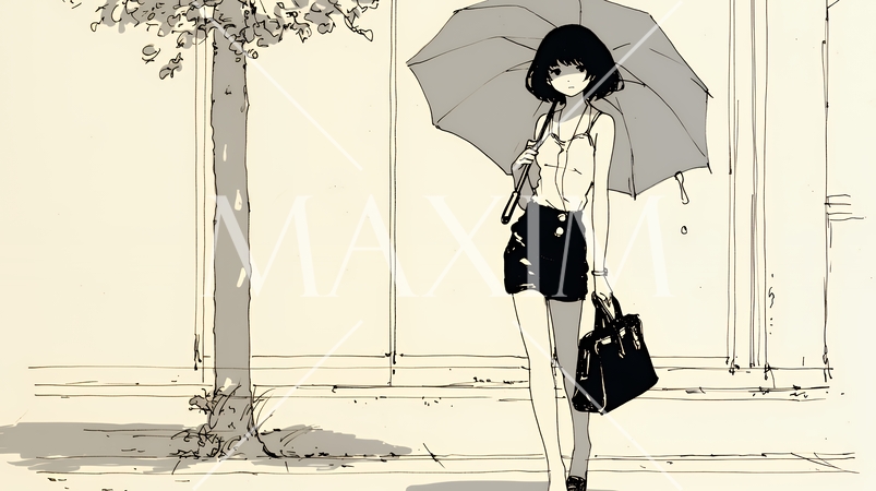 雨の日に傘をさして歩く若い女性（シンプルな色使い）
