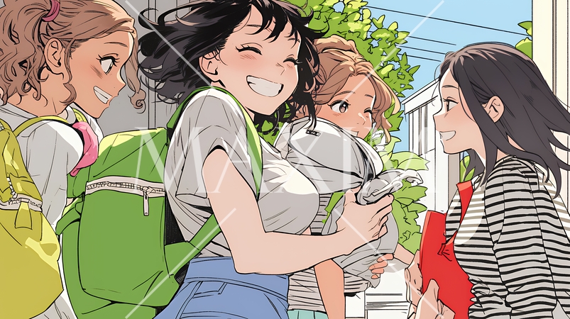 道端で会話を楽しむ若い主婦たち（ママ友たち）