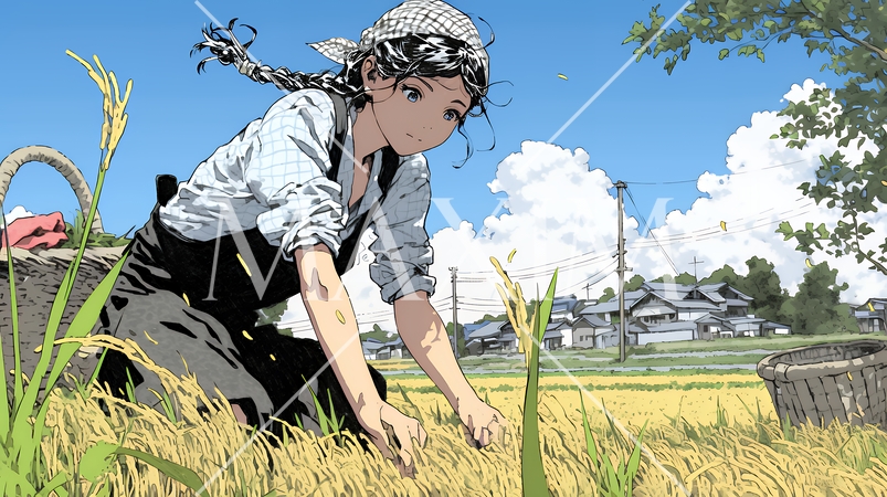 田んぼで農作業をしている女性