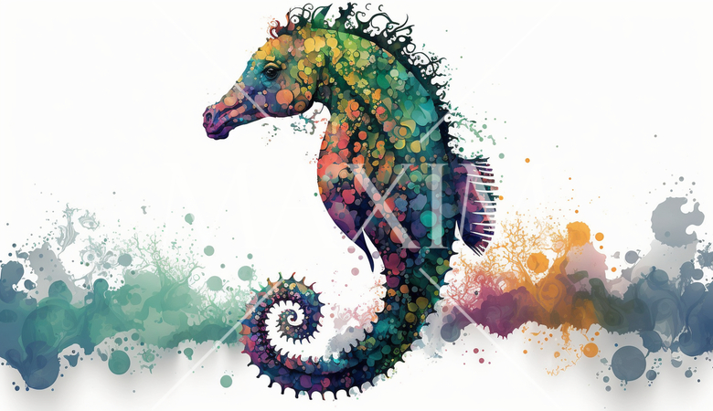 タツノオトシゴ：カラフルでサイケデリックでシュールレアリズム的な水彩画