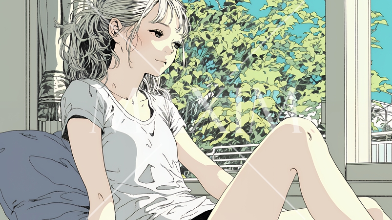 朝、カーテンを開けて天気を確認する若い女性