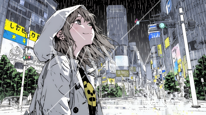 雨の中を歩く女性と都会のランドスケープ