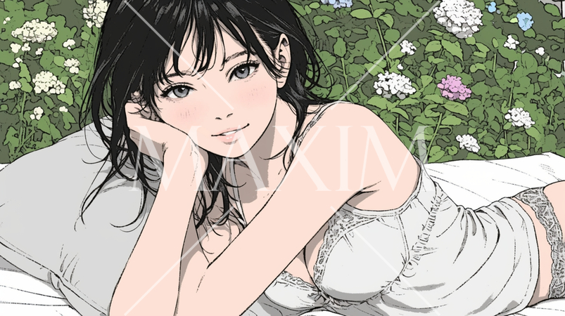 自宅で下着姿でくつろいでいる若い女性