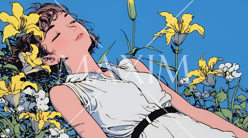 ユリの花と若い女性