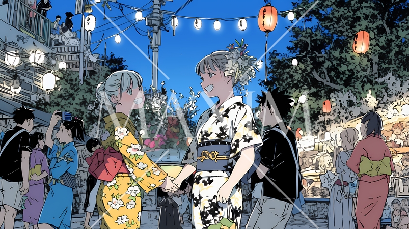 縁日屋台が立ち並び、賑わいを見せる祭りの夜