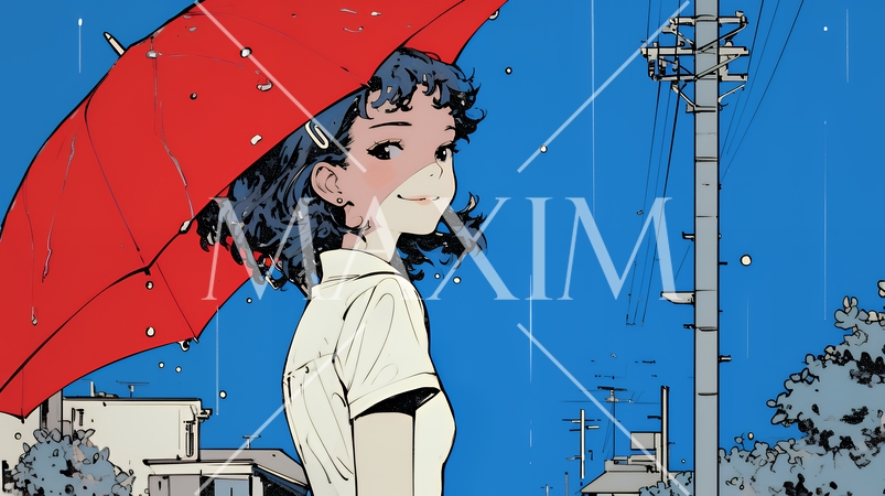 雨の日に傘をさして歩く若い女性