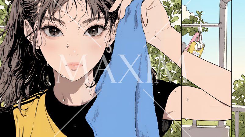 汗を拭っている若い女性