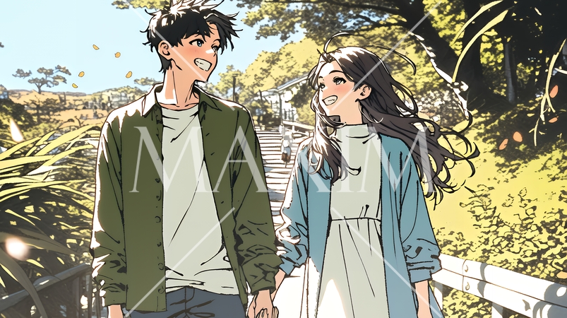 紅葉の公園でデートをしている若い男女のカップル