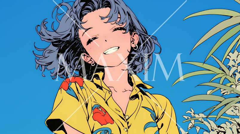 沖縄のかりゆしファッションを着て笑顔いっぱいの若い女性