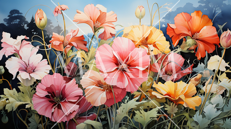 南国の花々が咲き乱れる庭：水彩画