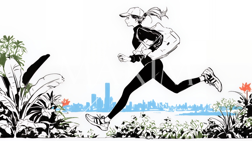 夕方の街並みを背景にジョギングをする若い女性（シンプルな色使い）