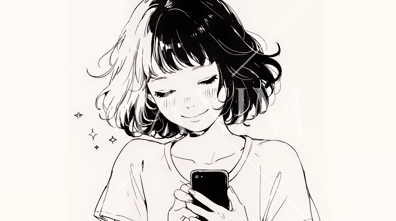 楽しそうにスマホ画面を眺めている若い女性（シンプルな色使い）