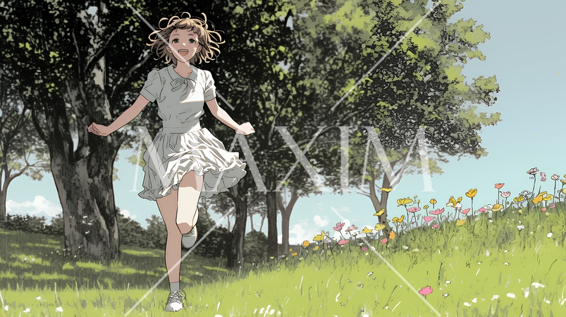 喜びにあふれ、軽やかにスキップする若い女性