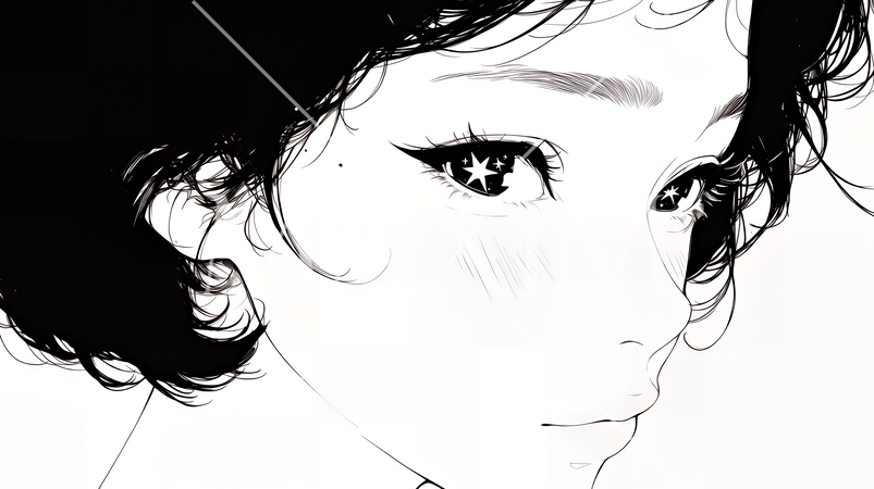 輝く瞳で見つめる好奇心旺盛な若い女性（シンプルな色使い）