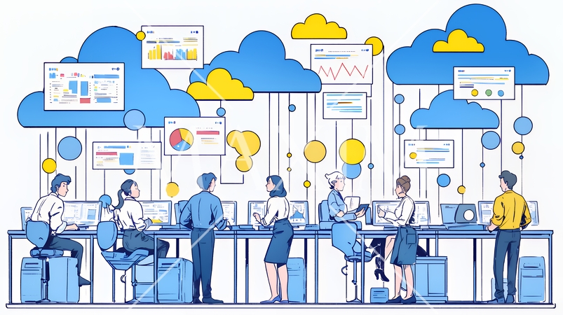 ITビジネスとクラウド技術のコンセプト｜ノートPCで働くチームとデータネットワークのイメージ