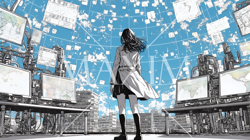 デジタルデータと日本人ビジネスウーマン｜AI・IT時代のテクノロジーイメージ（バイナリーコード）