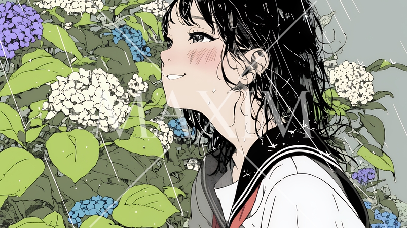 アジサイと梅雨の長雨と若い女性