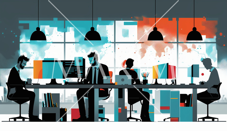 オフィス環境：オフィスでの仕事をする人々、デスクワーク、コンピューター作業。