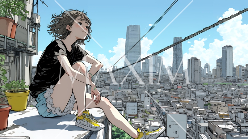 都市のランドスケープを眺めている若い女性