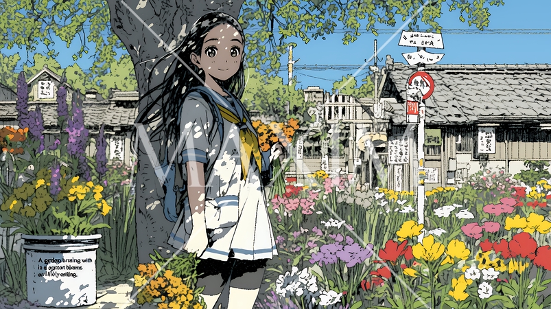 満開の春の花々と若い女性