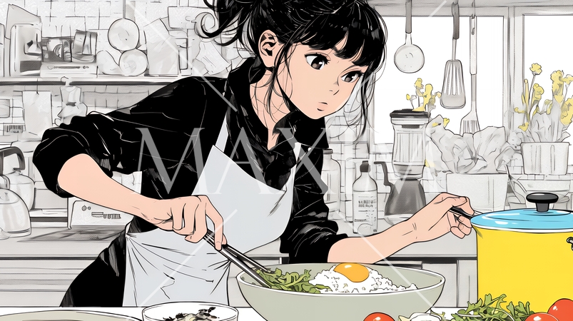 なれない料理に奮闘中の若い女性