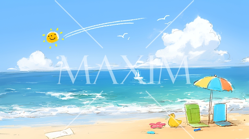 夏の青い空と青い海と白い雲のコントラスト（クレヨン＋水彩画風）