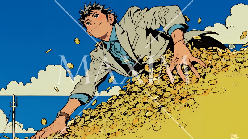 マネーゲームの勝者：金貨の山の登頂に挑み成功した姿で表現
