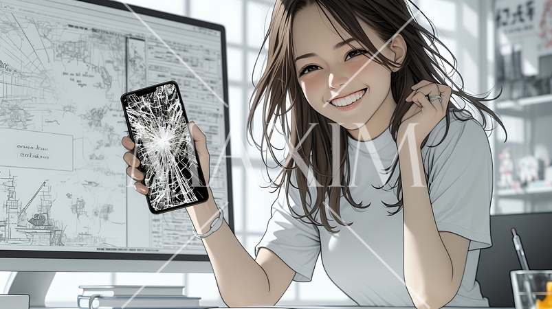 画面が激しく割れているスマートフォンを手にしているいる若い女性