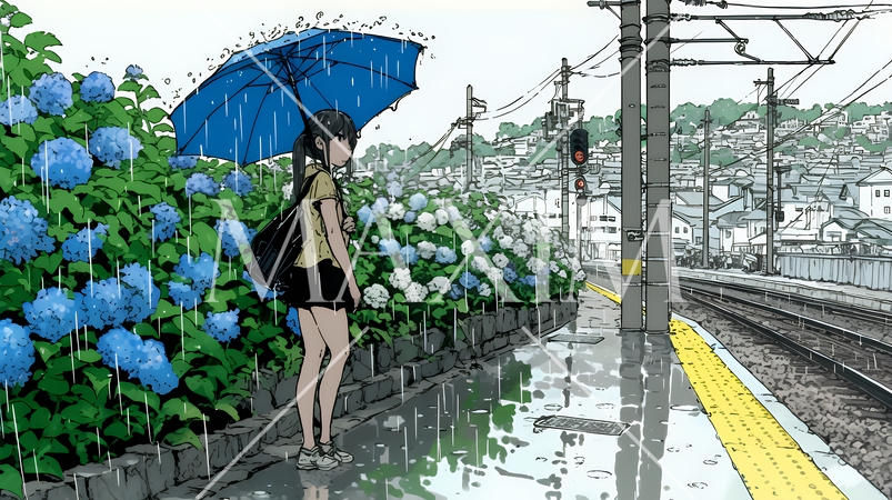 鉄道の駅のプラットフォームに植えられた満開のあじさいと梅雨の雨と若い女性