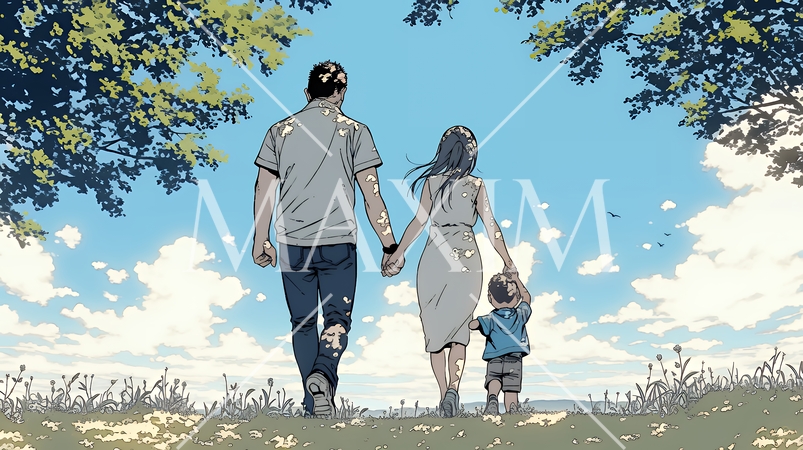 仲の良い家族：父親、母親、その子どもが仲良く連れ立って歩いている