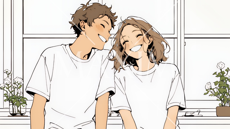 幸せそうなカップル：ダイニングルームて談笑（シンプルな色使い）