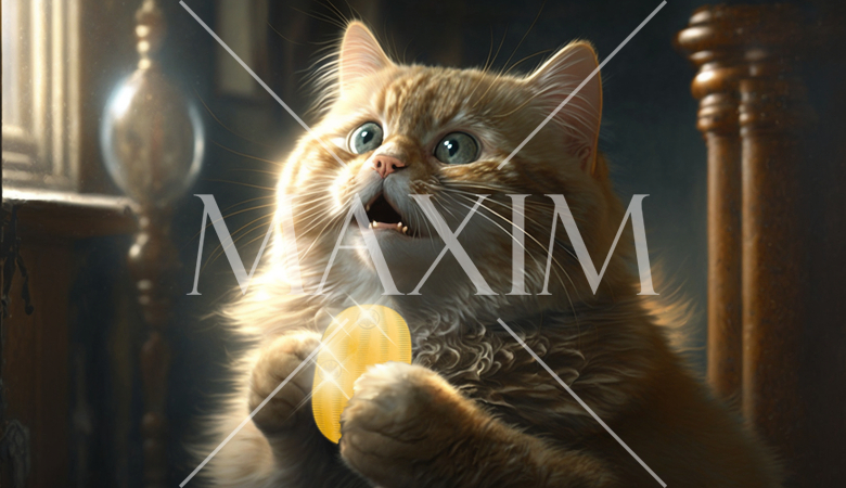 猫に小判：実は猫も小判をもらって大喜び。金ぴかの小判を猫にプレゼント。喜びのあまり呆然としている。