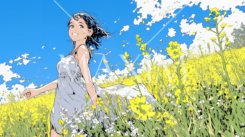 菜の花畑にいる若い女性