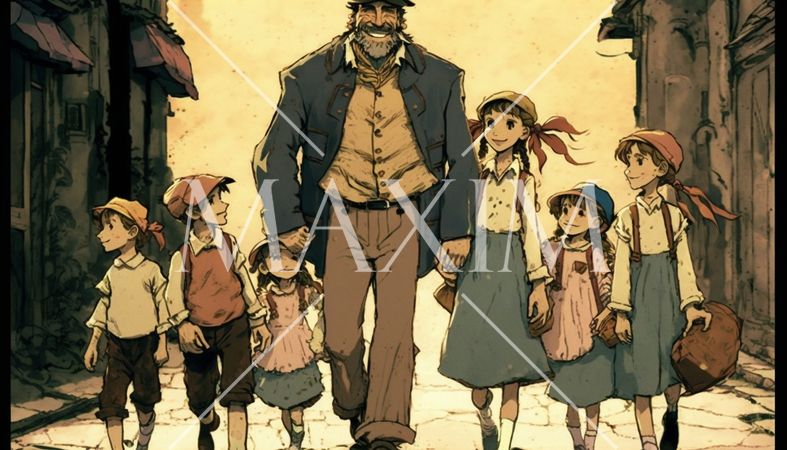 律儀者の子沢山：見るからに人の良さそうな顔立ちの男性が、大勢の自分の子供と仲良く散歩している姿。