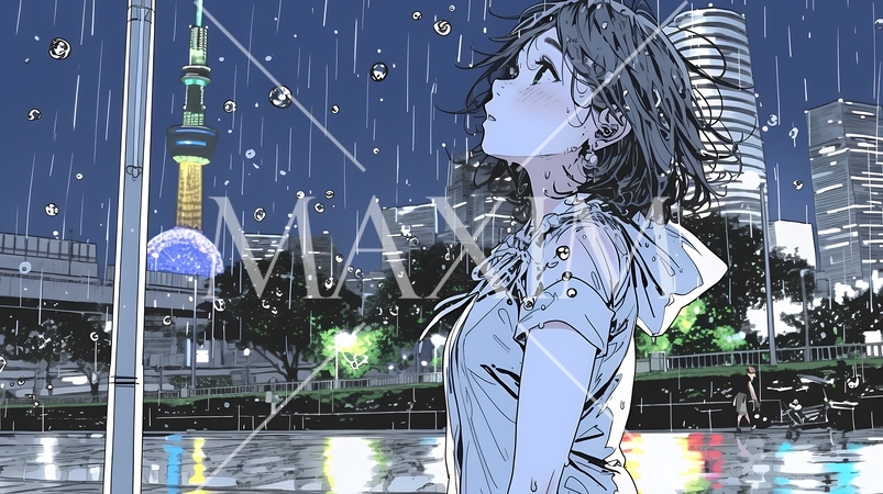雨の中を傘をささずに歩く若い女性