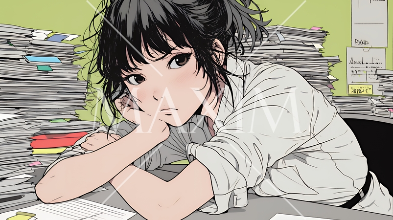 机にもたれ、散らばった書類に囲まれてため息をつく疲れた女性