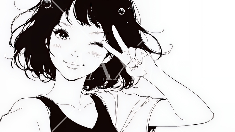 笑顔でピースサインを見せる若い女性（シンプルな色使い）