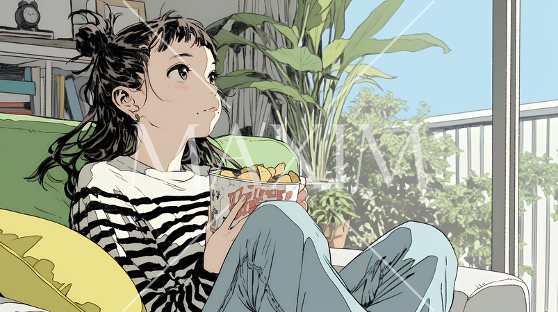 ポテトチップスをつまみながら、ひとりでビデオを観る若い女性